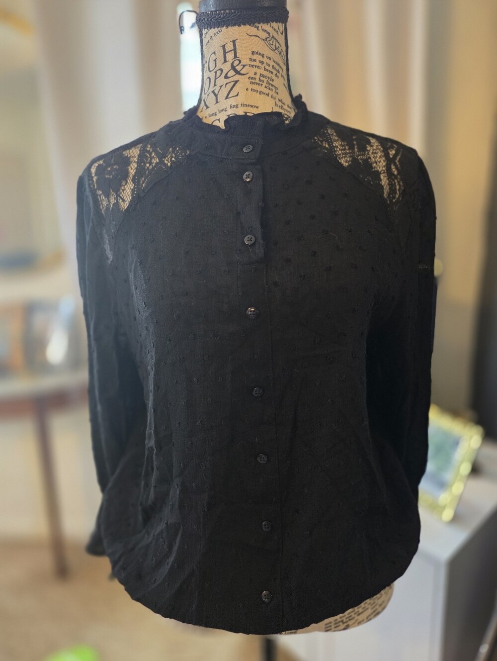 Black Lace Yoke Button-Front Blouse for Women
